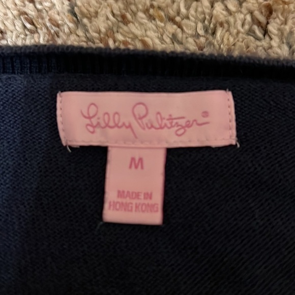 Lily Pulitzer Rare Size M Navy Cardigan w/Pink L logo - Picture 4 of 4